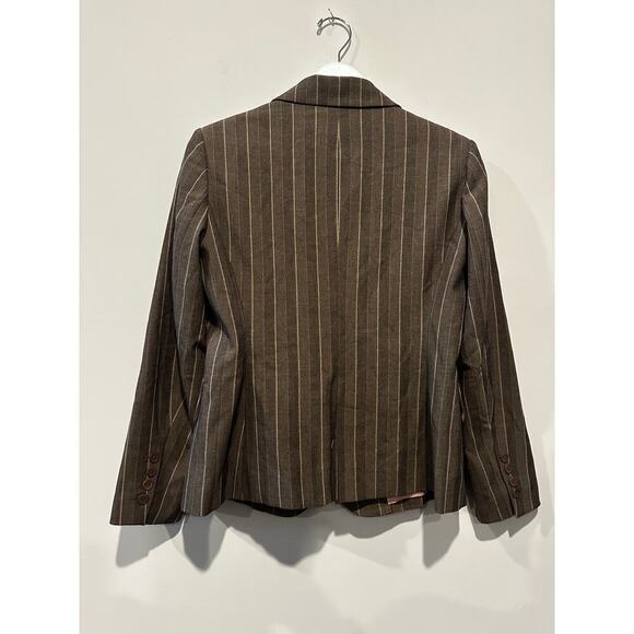 Size 8 Blazer Pleated Skirt Suit Set Brown Striped Career Office Siren Boardroom - Picture 6 of 14